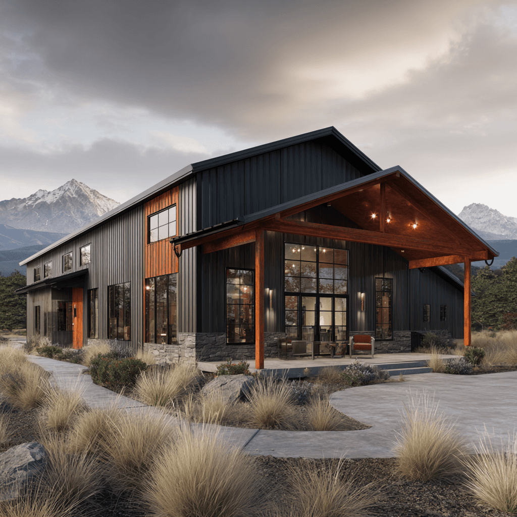 Custom barndominium with copper and black exterior in Bozeman, Montana