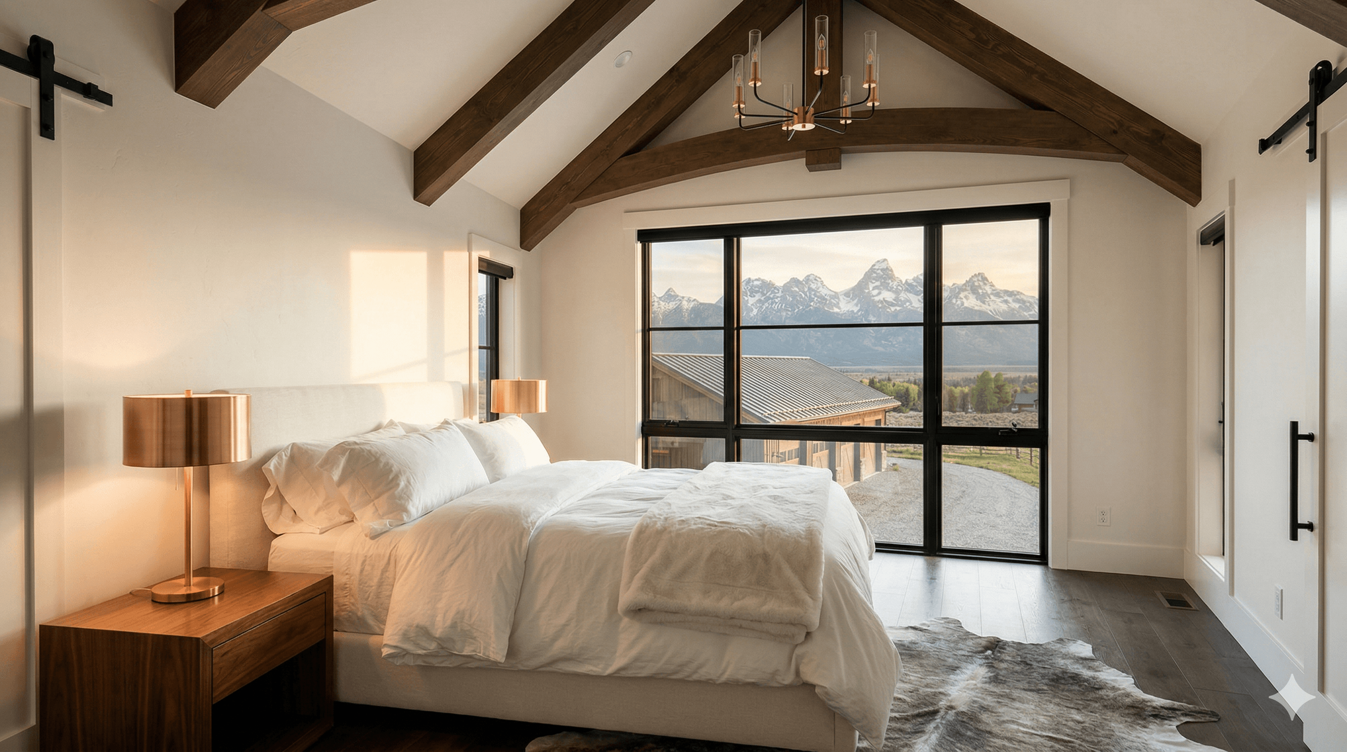 Finished barndominium bedroom interior with vaulted ceilings and Teton mountain views