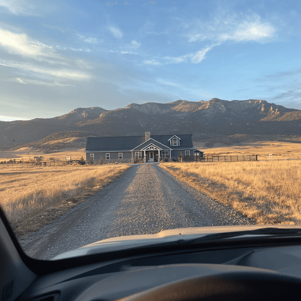 View through a pickup truck windshield of a custom Bridger building on open Montana land