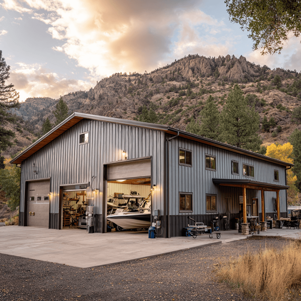 Large gray and timber shop with living quarters on a Mountain West property
