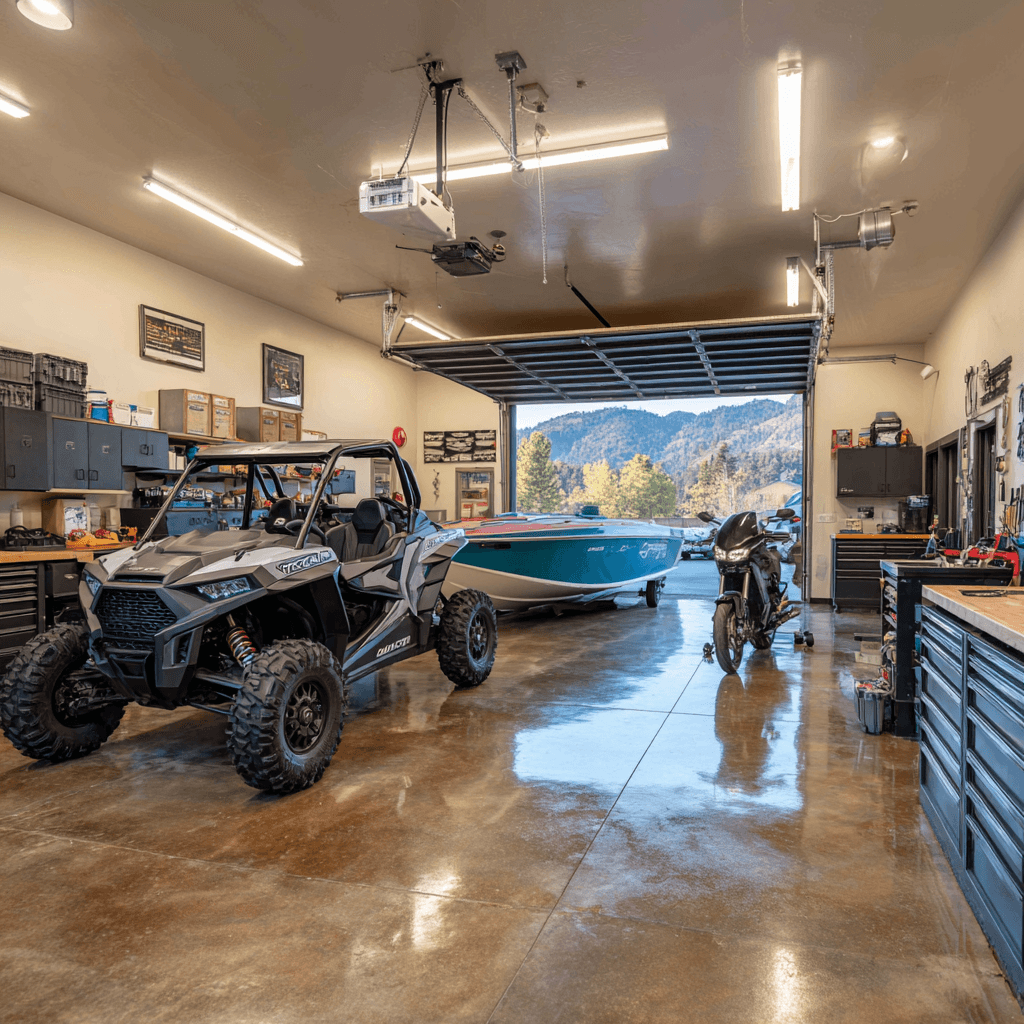 Organized shop interior with epoxy concrete floors and clean tool storage